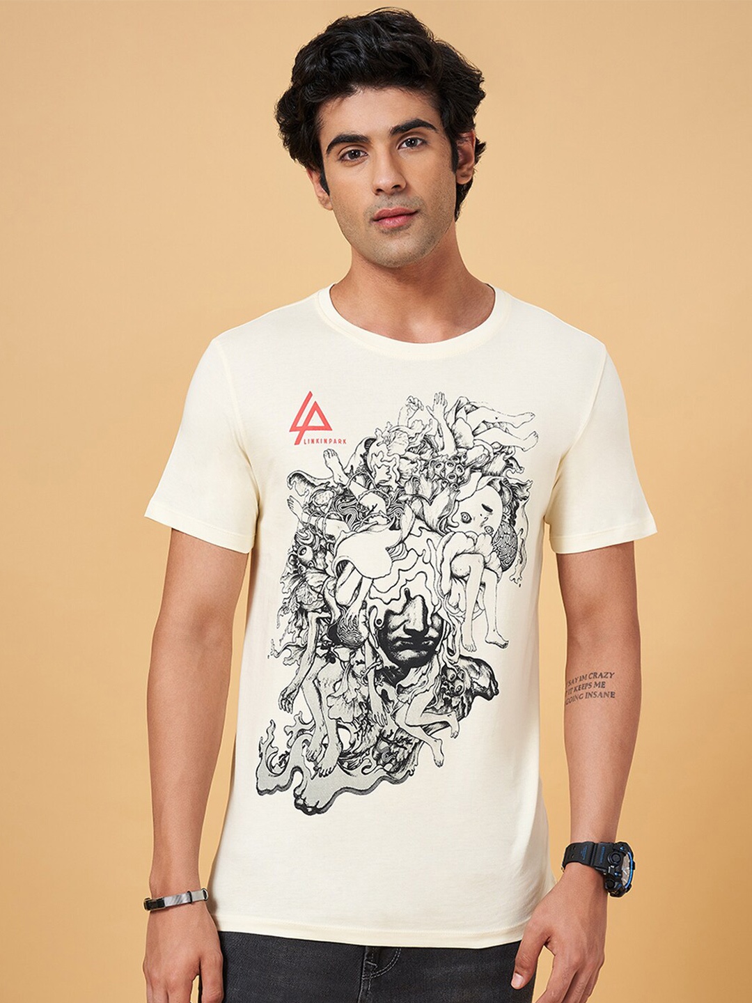 

SF JEANS by Pantaloons Graphic Printed Slim Fit Cotton T-shirt, Off white