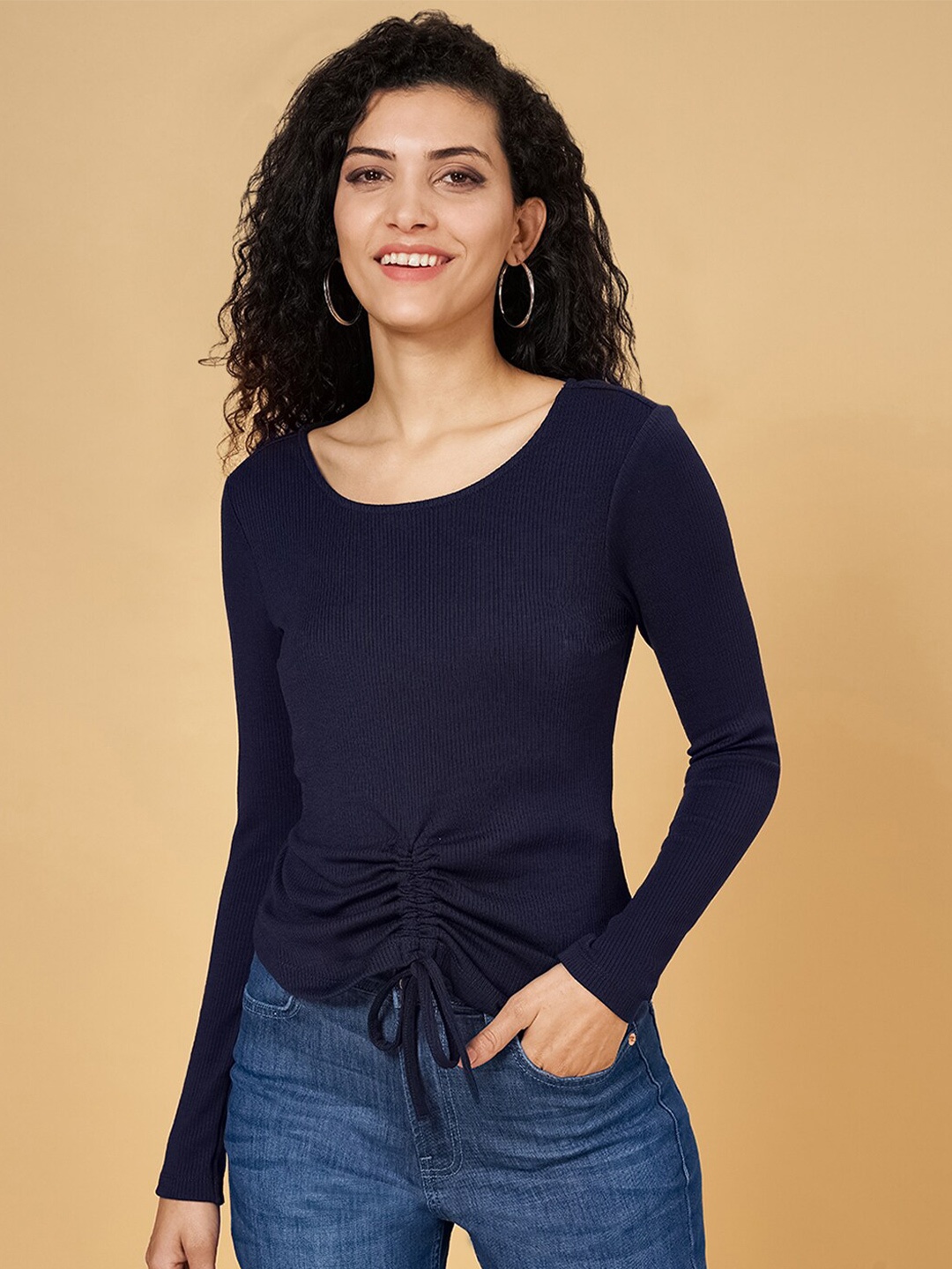 

SF JEANS by Pantaloons Self Designed Scoop Neck Fitted Top, Navy blue