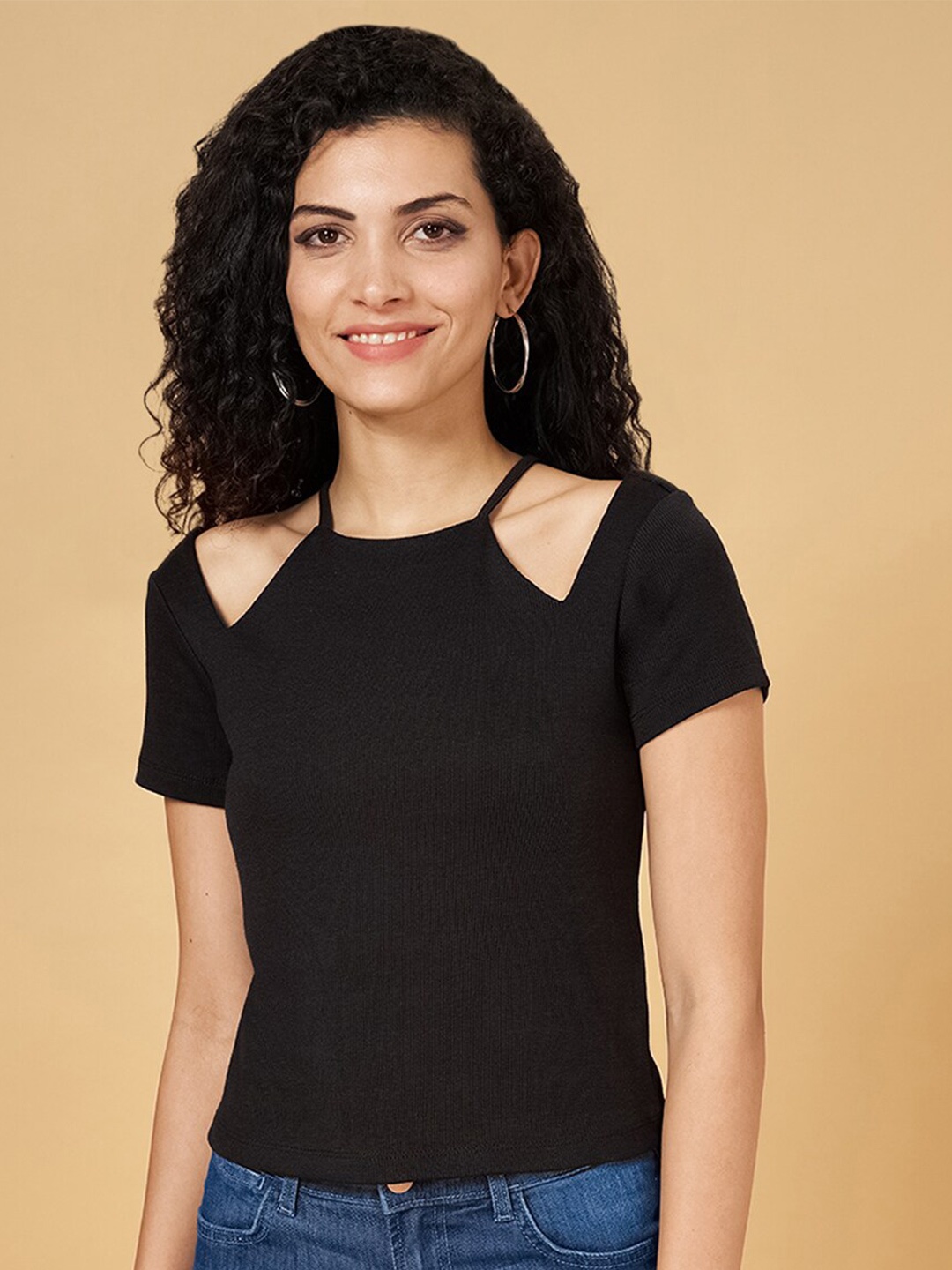 

SF JEANS by Pantaloons Cold Shoulder Sleeves Cut Outs Top, Black