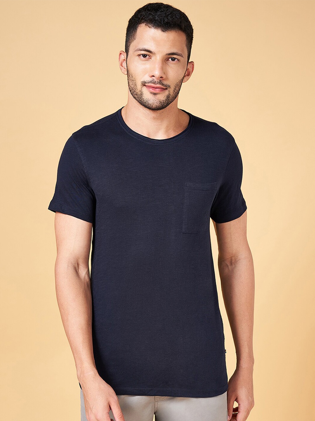 

Urban Ranger by pantaloons Slim Fit Round Neck Short Sleeves Cotton T-shirt, Navy blue