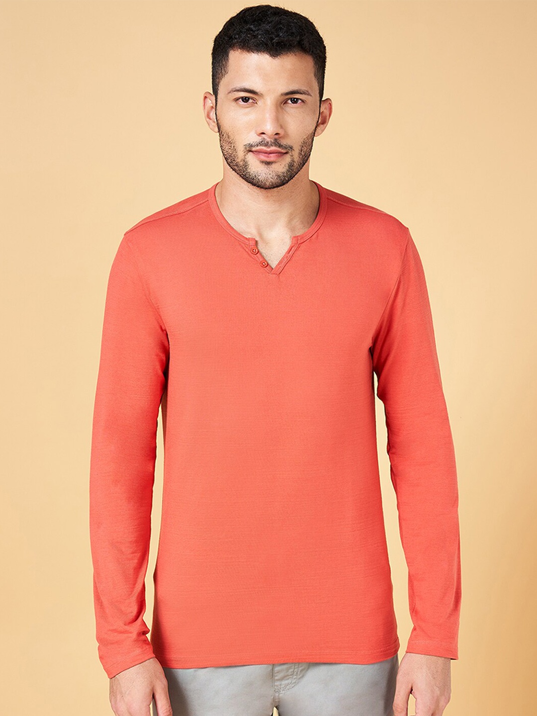 

Urban Ranger by pantaloons Slim Fit Henley Neck Cotton Casual T-shirt, Orange