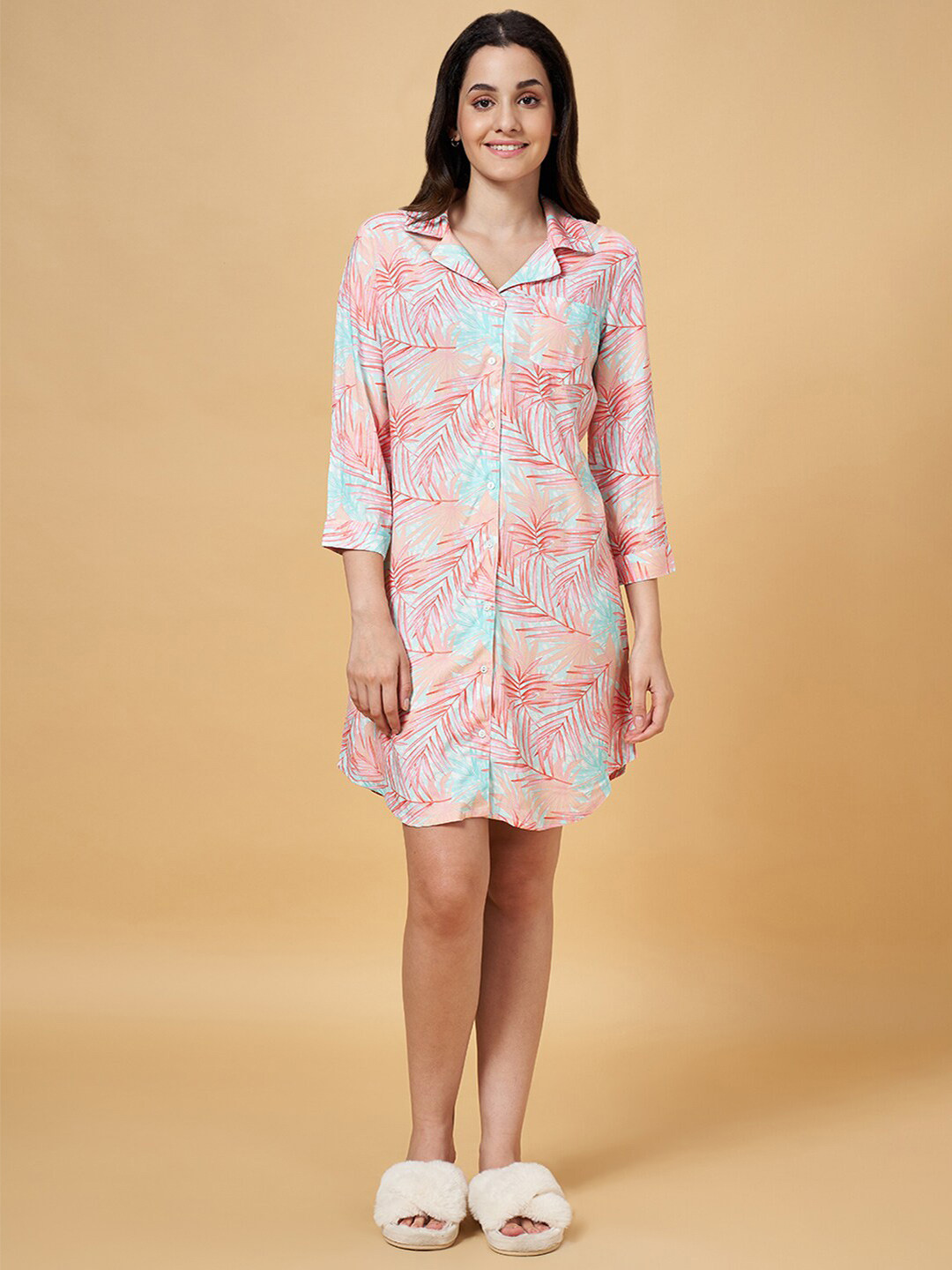 

Dreamz by Pantaloons Floral Printed Shirt Nightdress, Pink