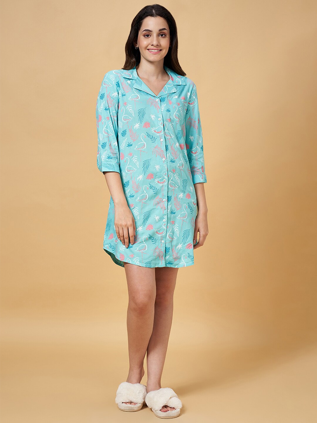 

Dreamz by Pantaloons Floral Printed Shirt Nightdress, Blue