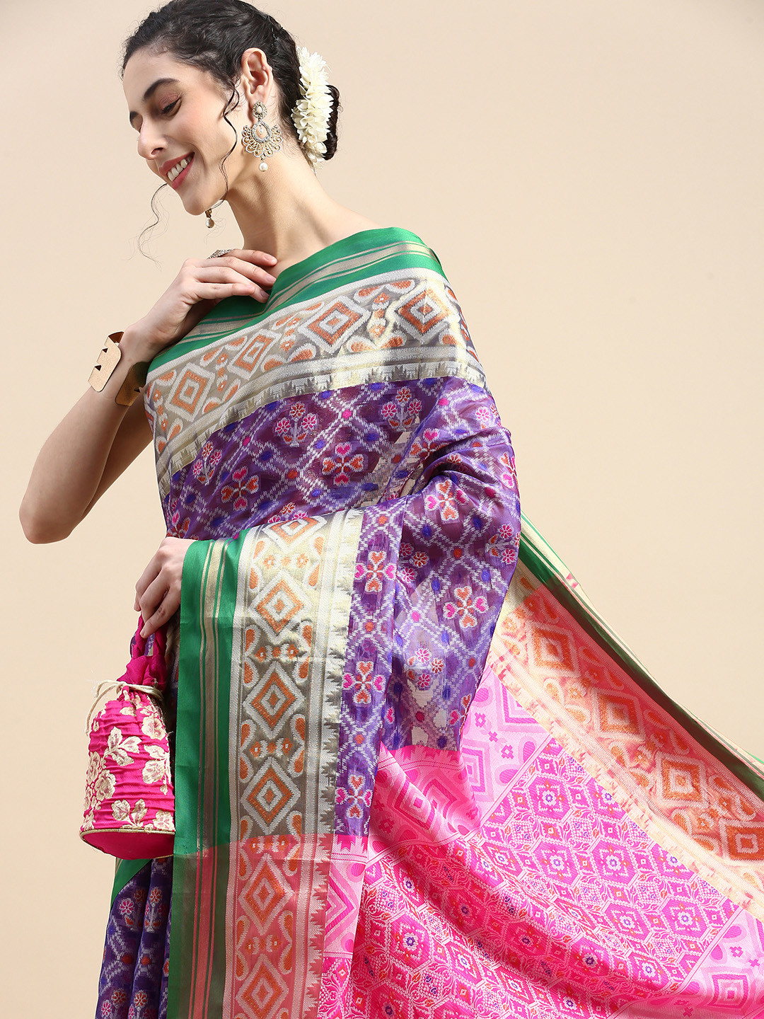 

VISHNU WEAVES Woven Design Ethnic Motifs Zari Silk Cotton Patola Saree, Purple
