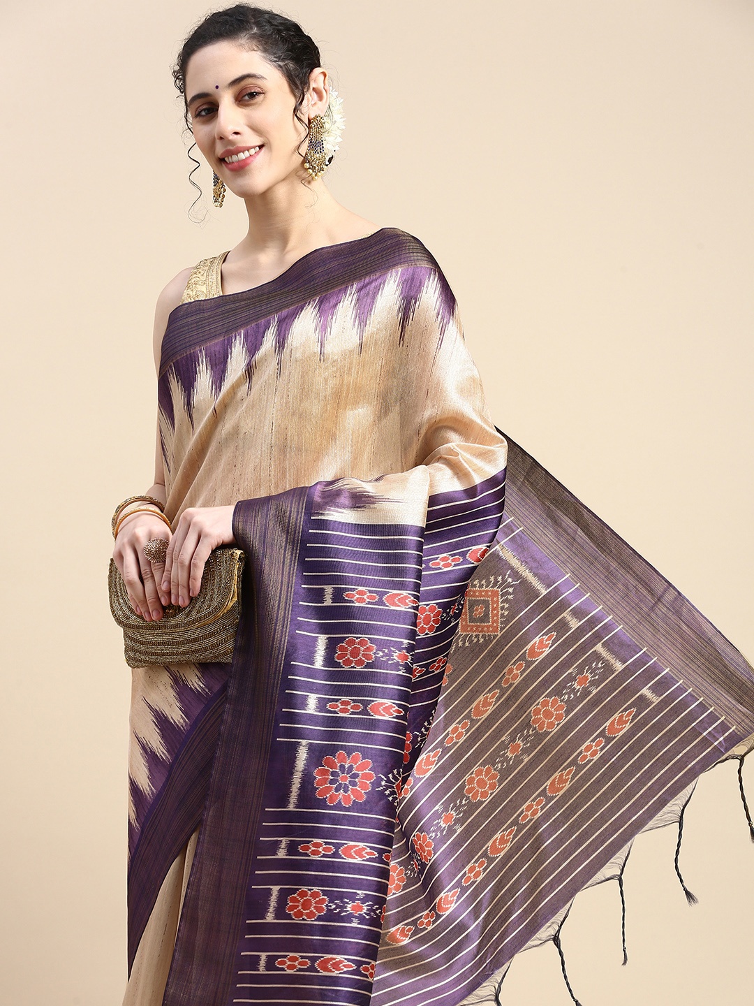 

VISHNU WEAVES Solid Silk Cotton Saree, Purple