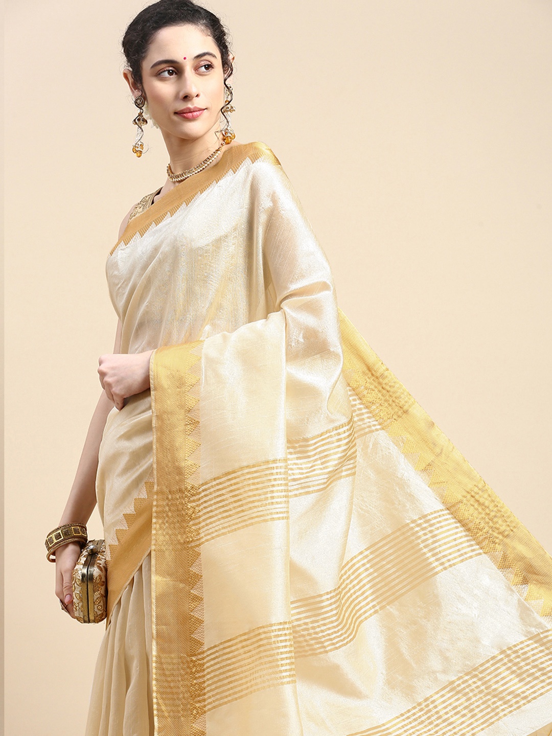 

VISHNU WEAVES Solid Zari Pure Silk Saree, Cream