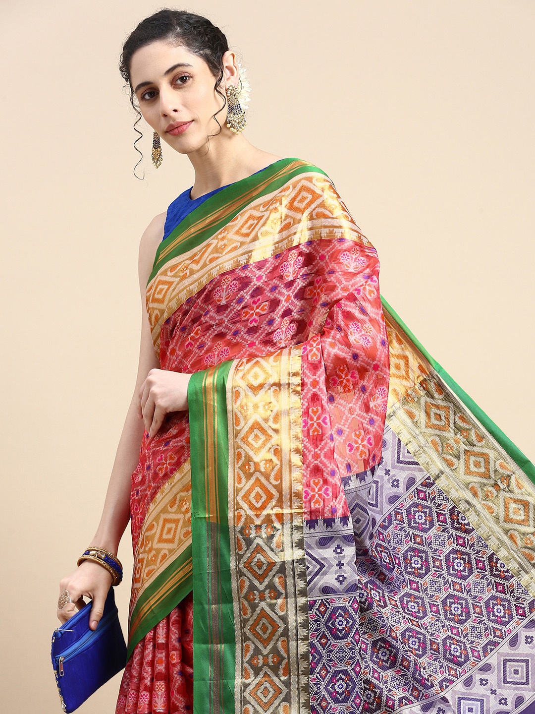

VISHNU WEAVES Woven Design Ethnic Motifs Zari Silk Cotton Patola Saree, Peach
