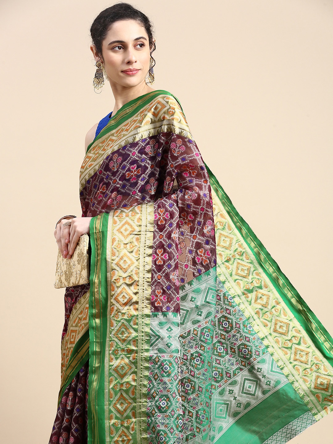 

VISHNU WEAVES Woven Design Ethnic Motifs Zari Silk Cotton Patola Saree, Mauve