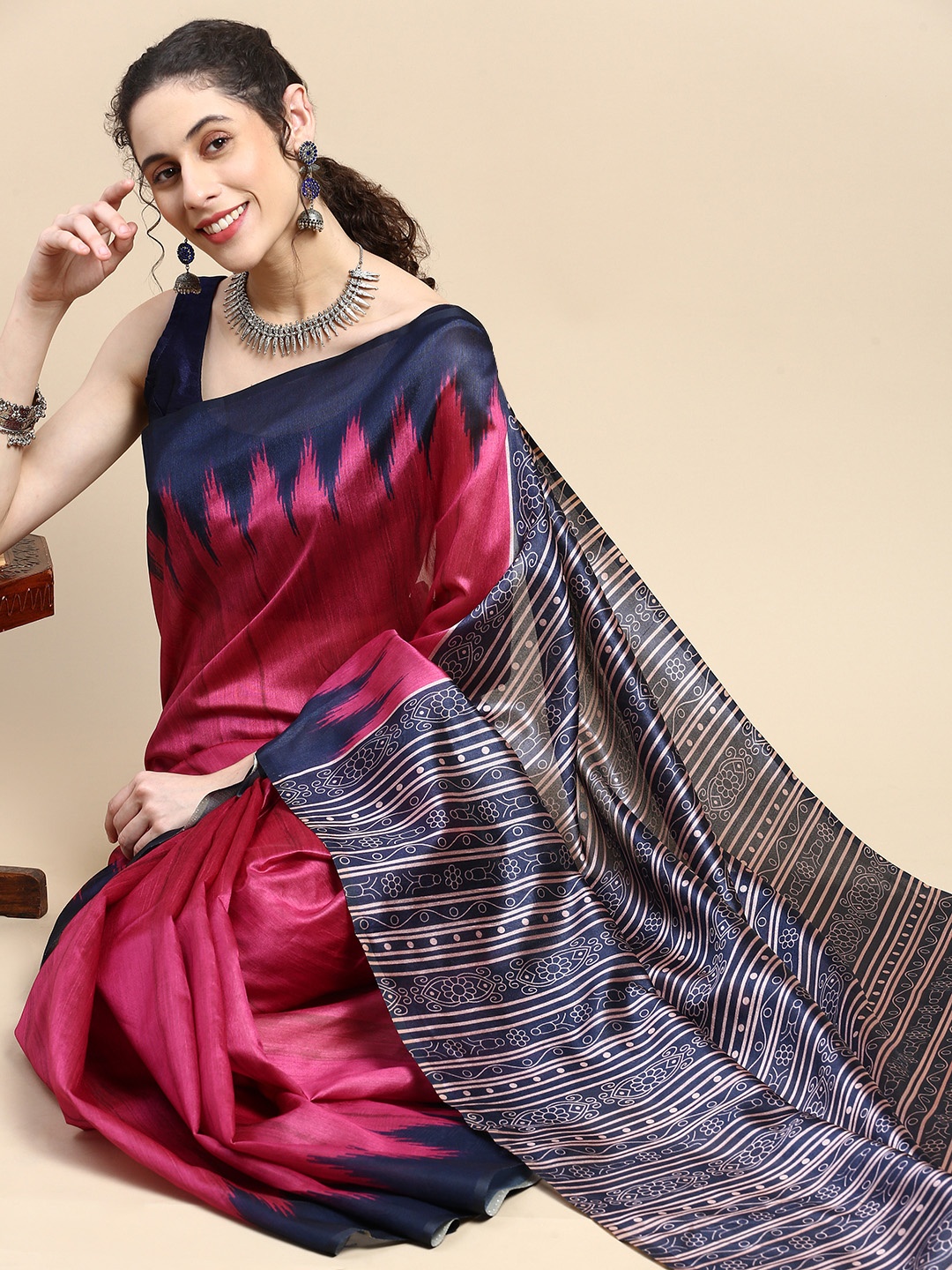 

VISHNU WEAVES Solid Jute Silk Tussar Saree, Pink