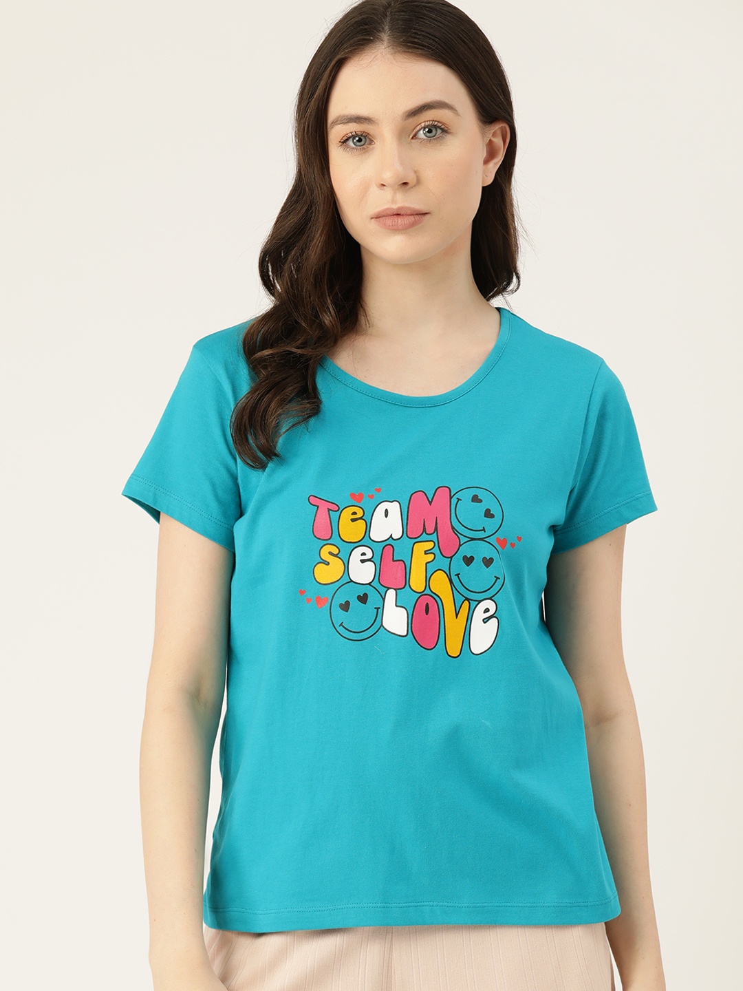 

ETC Women Typography Printed Pure Cotton T-shirt, Turquoise blue