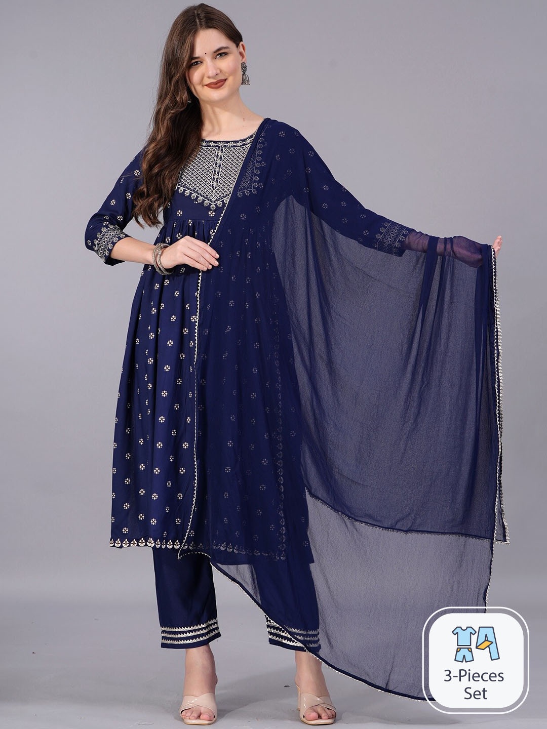

KUROCK Ethnic Motifs Printed Sequinned Empire Kurta With Trousers & Dupatta, Blue