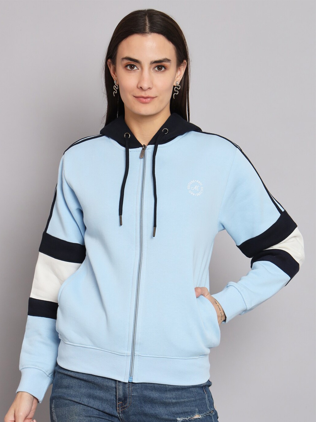 

ANTI CULTURE Colourblocked Hooded Fleece Front-Open Sweatshirt, Blue