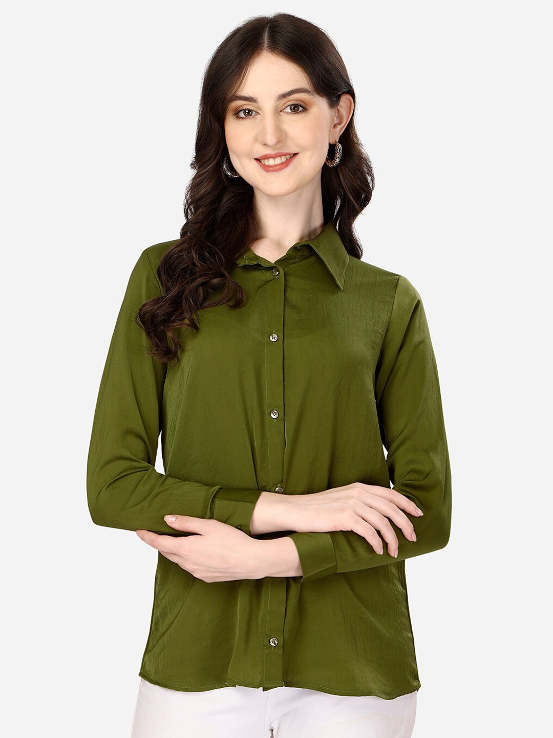 

Mclothings Classic Spread Collar Satin Casual Shirt, Green