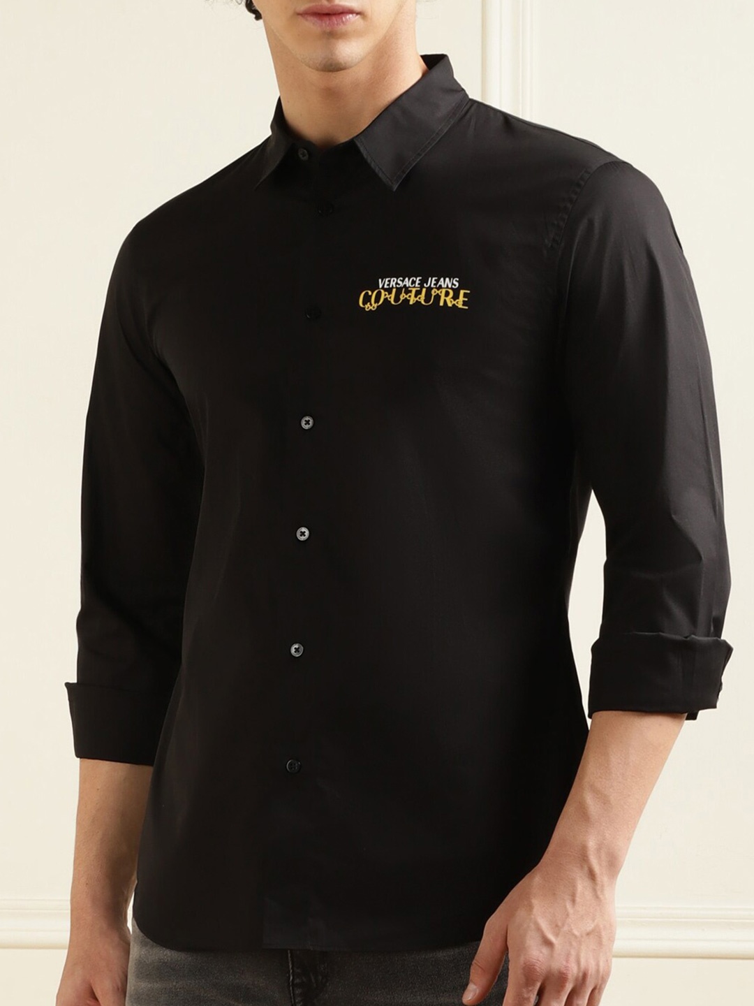 

Versace Jeans Couture Spread Collar Pure Cotton Casual Shirt, Black