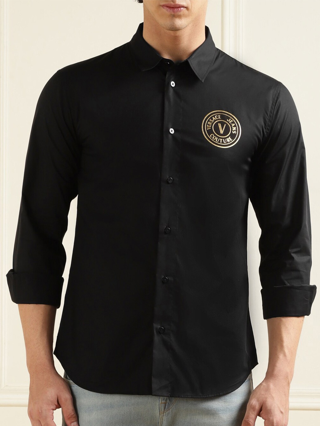 

Versace Jeans Couture Spread Collar Pure Cotton Casual Shirt, Black