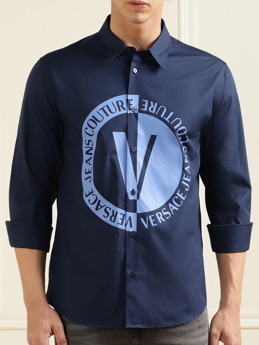 

Versace Jeans Couture Typography Printed Pure Cotton Casual Shirt, Navy blue