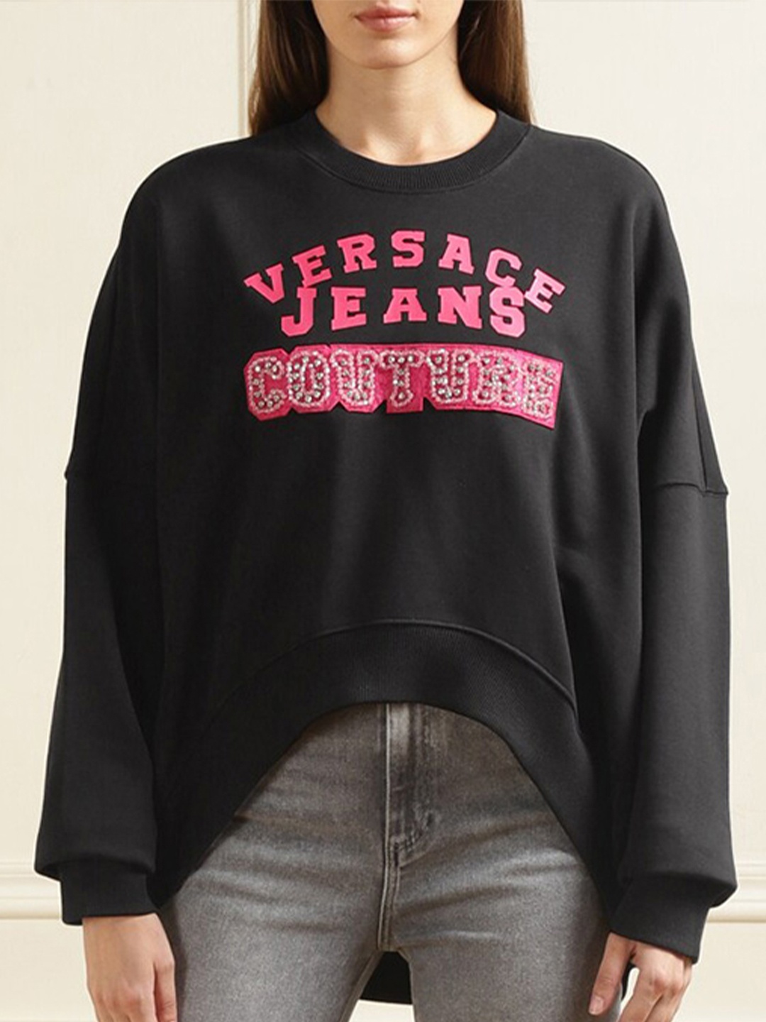

Versace Jeans Couture Typography Printed Oversized Pure Cotton Sweatshirt, Black