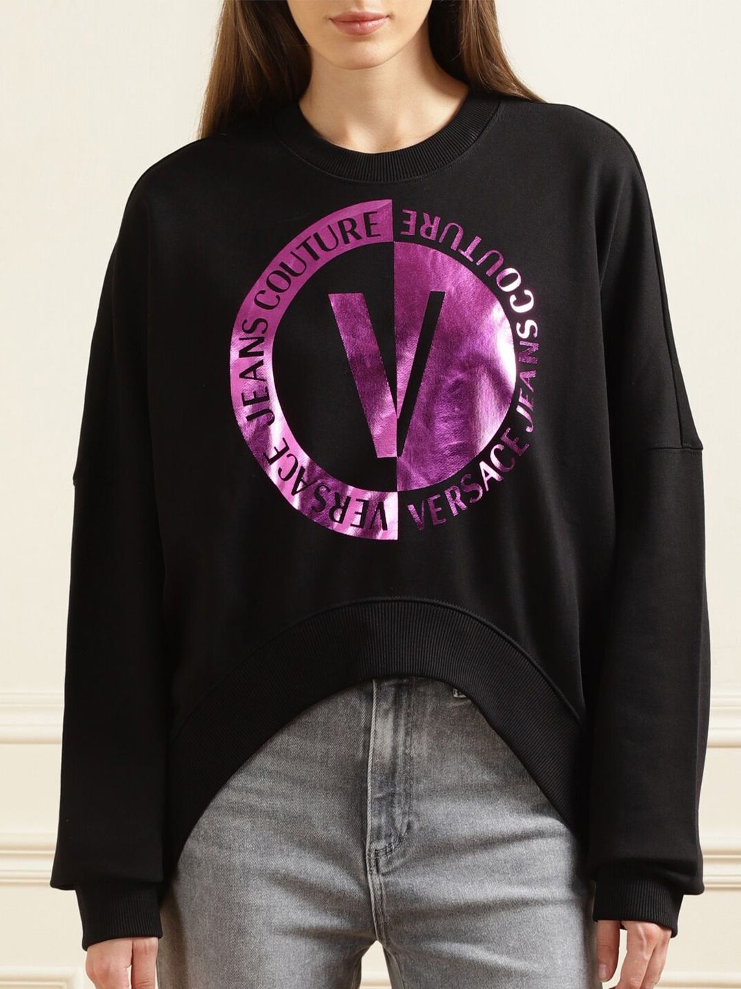 

Versace Jeans Couture Typography Printed Oversized Pure Cotton Sweatshirt, Black