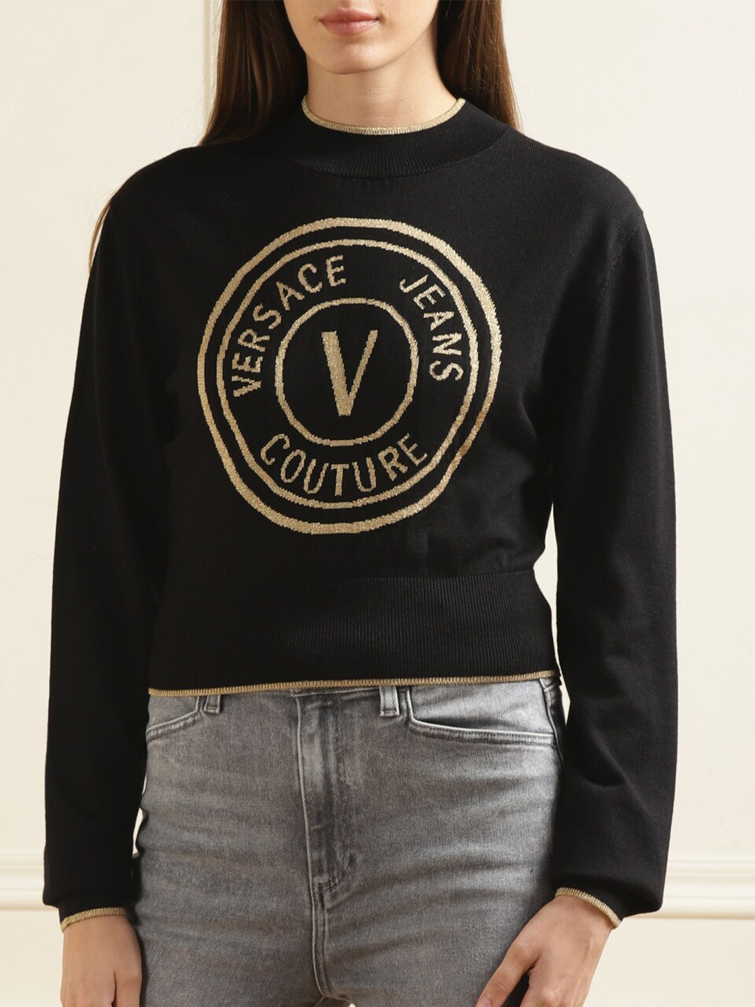 

Versace Jeans Couture Typography Printed Woollen Pullover, Black