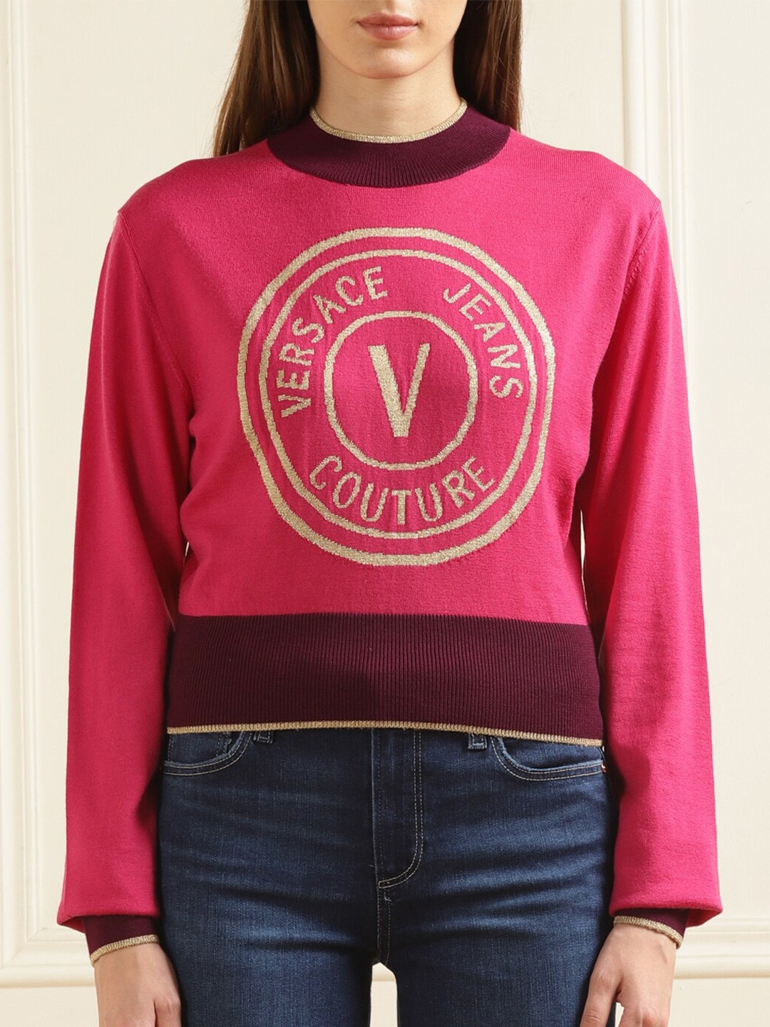 

Versace Jeans Couture Typography Printed Woollen Pullover, Pink