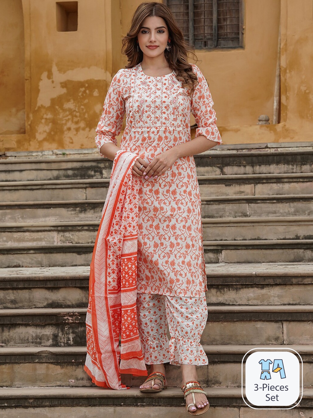 

KALINI Ethnic Motifs Printed Pure Cotton Straight Kurta With Harem Pants & Dupatta, White