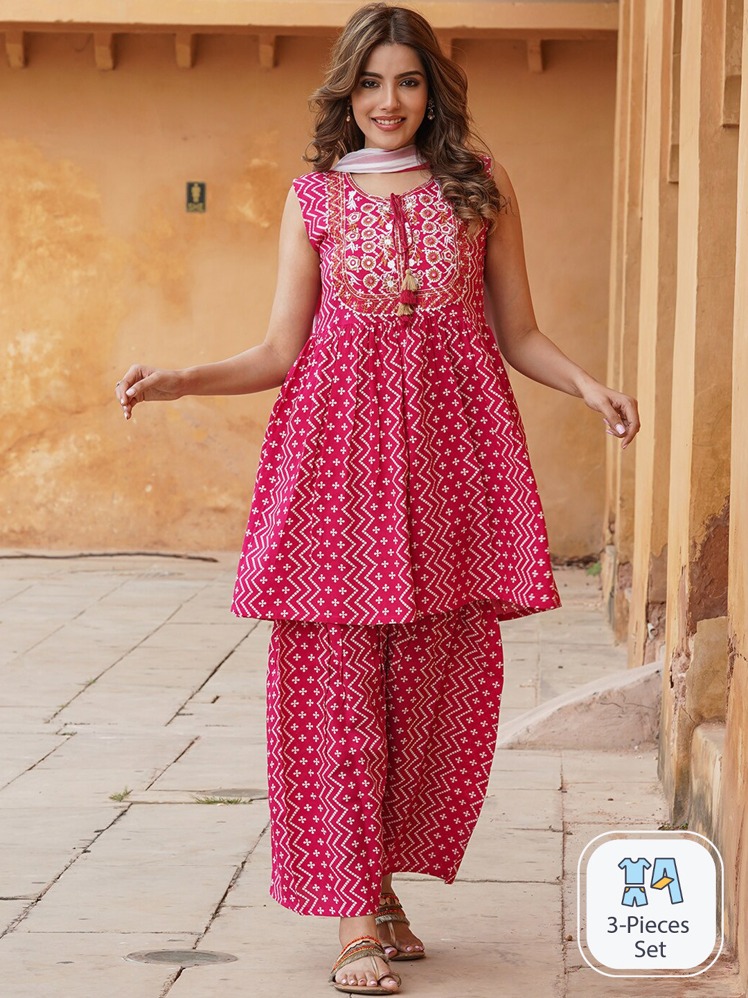 

KALINI Ethnic Motifs Printed A-Line Kurta With Sharara & Dupatta, Pink