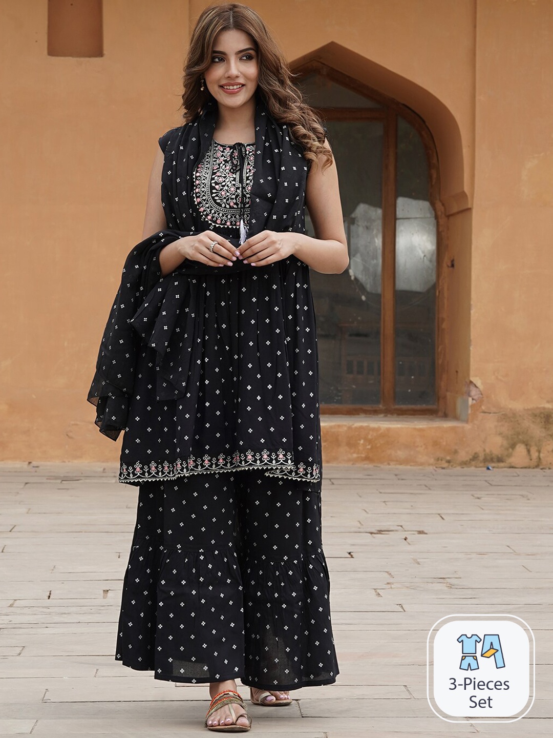 

KALINI Ethnic Motifs Printed Tie-Up Neck Thread Work A-Line Kurta with Sharara & Dupatta, Black