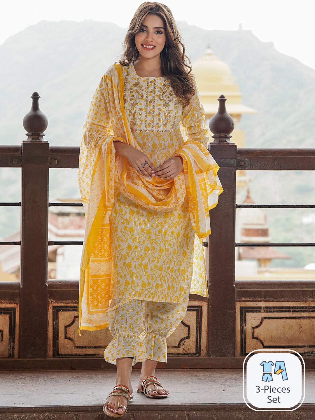 

KALINI Floral Printed Thread Work Pure Cotton Kurta With Harem Pants & Dupatta, Yellow