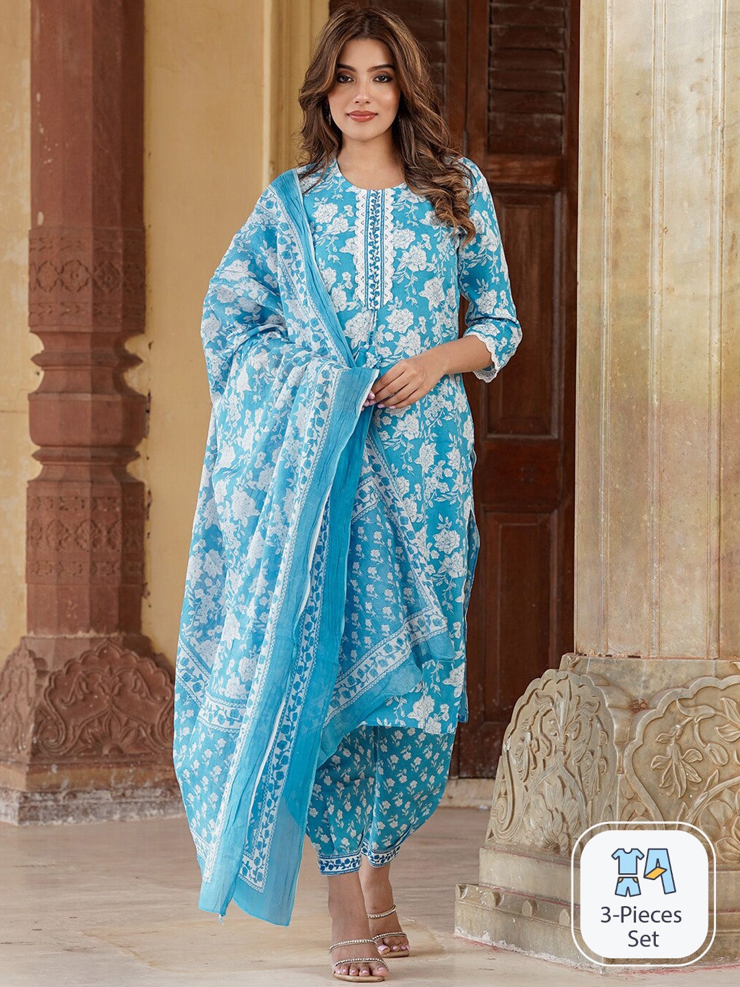 

KALINI Floral Printed Thread Work Pure Cotton Kurta With Trousers & Dupatta, Blue