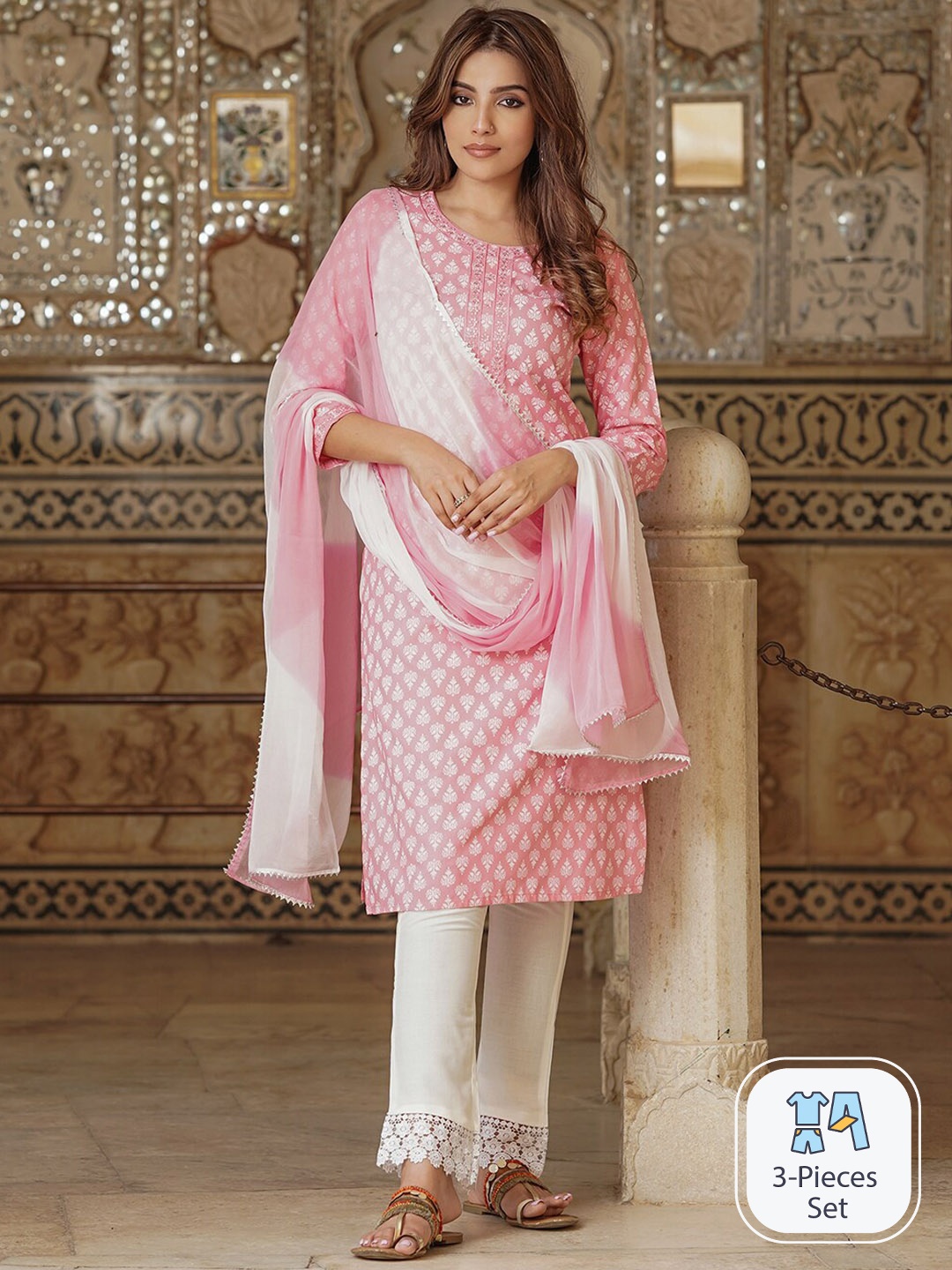 

KALINI Ethnic Motifs Printed Thread Work Kurta With Trousers & Dupatta, Pink