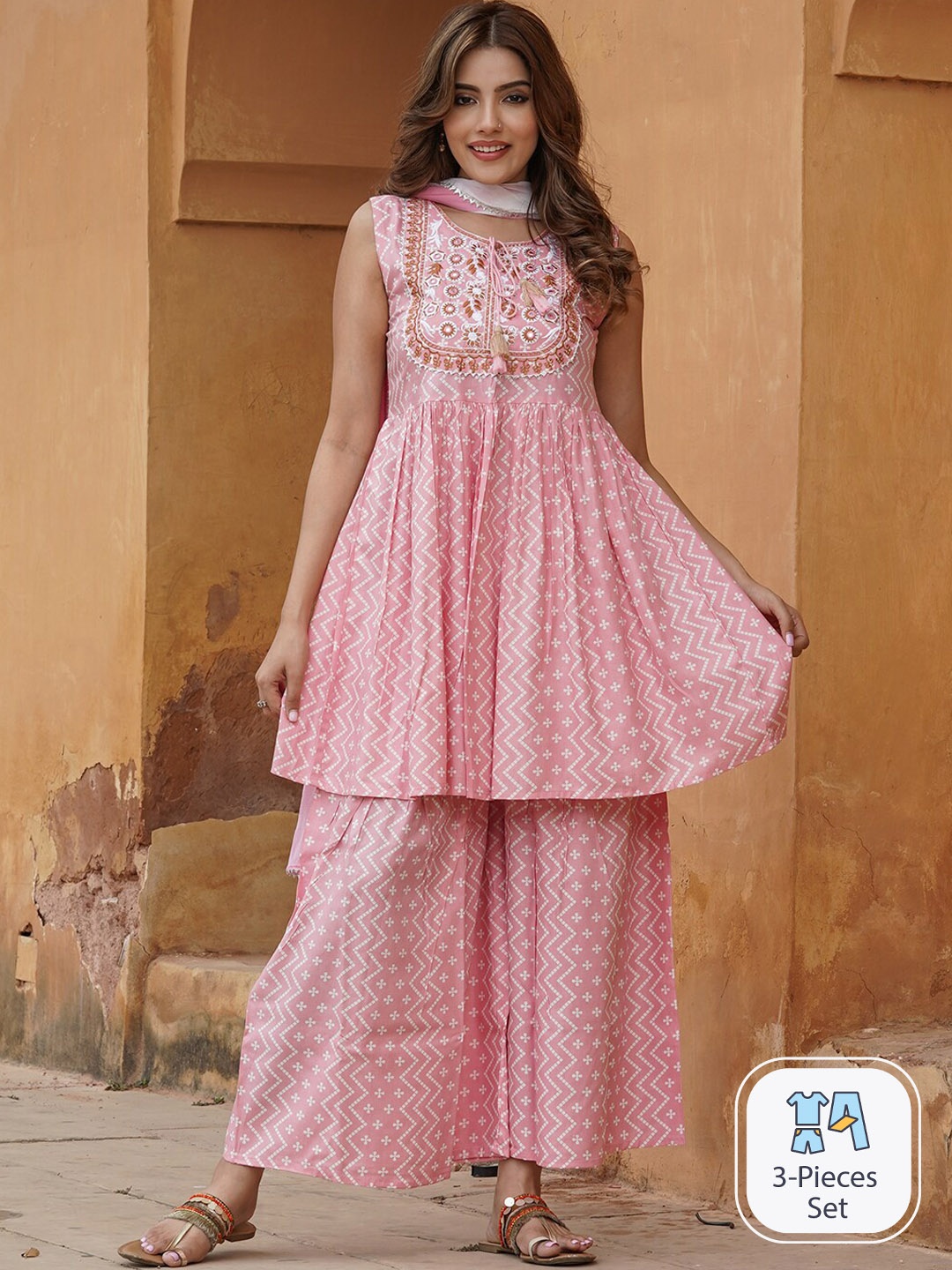 

KALINI Geometric Printed Tie-Up Neck Thread Work A-Line Kurta with Sharara & Dupatta, Pink