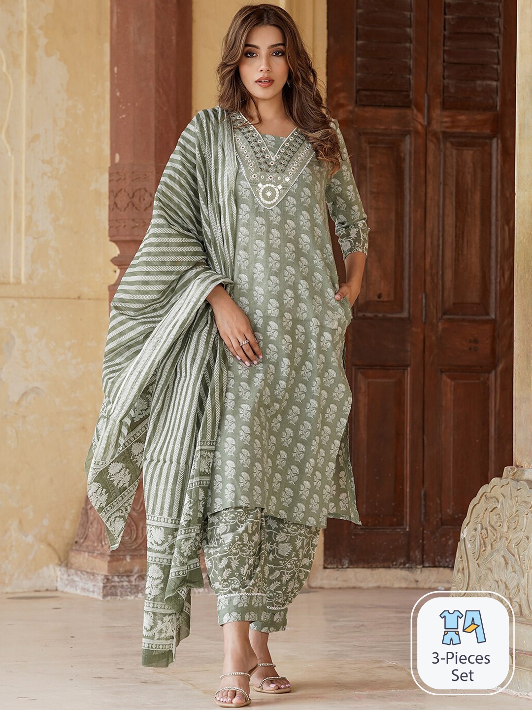 

KALINI Ethnic Motifs Embroidered Pure Cotton Straight Kurta With Trousers & Dupatta, Green