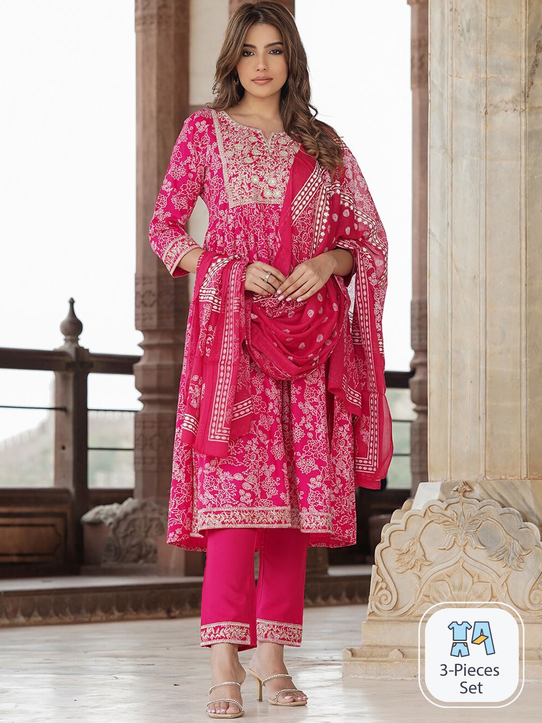 

KALINI Ethnic Motifs Embroidered Straight Kurta With Trousers & Dupatta, Pink