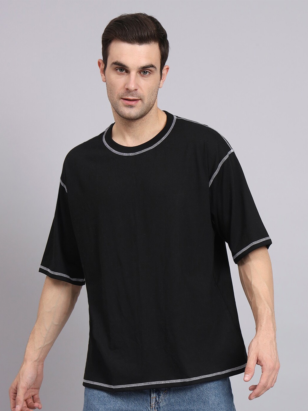 

Imsa Moda Drop-Shoulder Sleeves Oversized Cotton T-shirt, Black