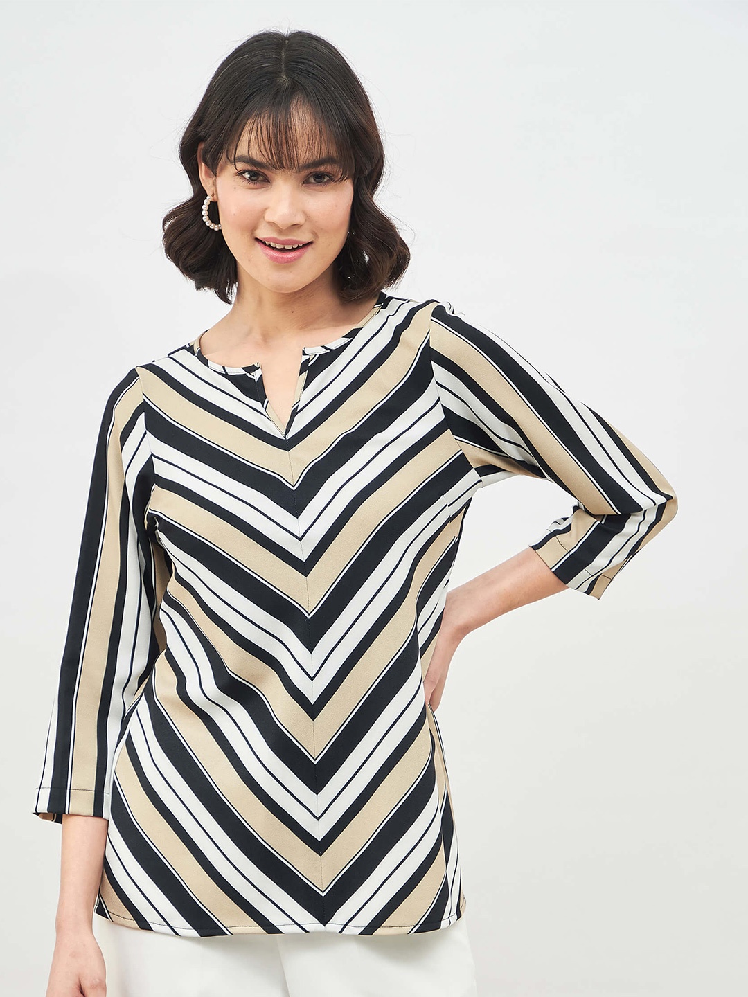 

SALT ATTIRE Striped Notched Neck Regular Top, White