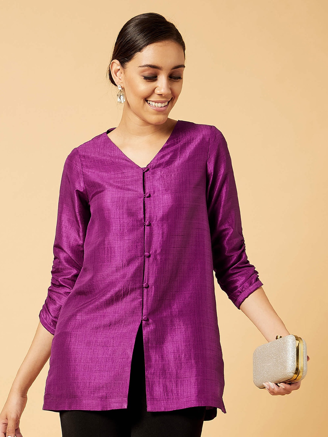 

SALT ATTIRE V-Neck Gathered Longline Top, Purple