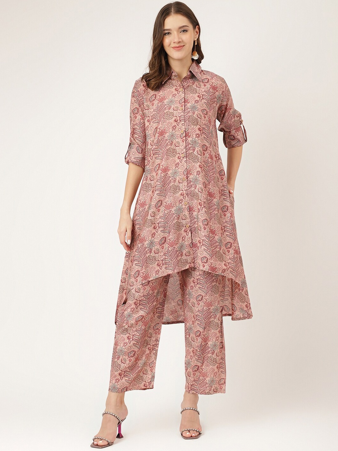 

Divena Floral Printed Shirt Collar Regular Kurta With Trousers, Purple