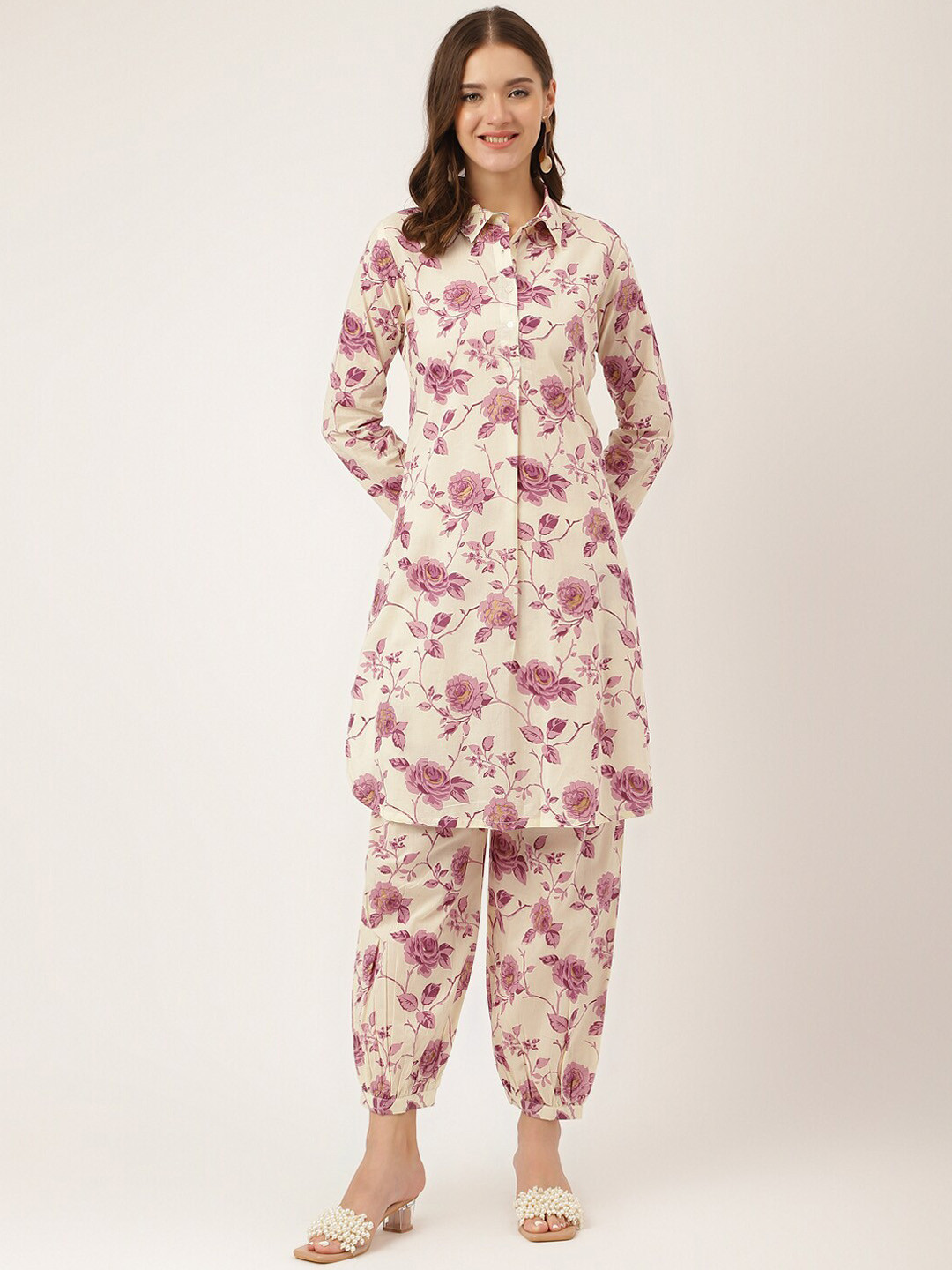 

Divena Floral Printed Shirt Collar Regular Pure Cotton Kurta With Salwar, Purple