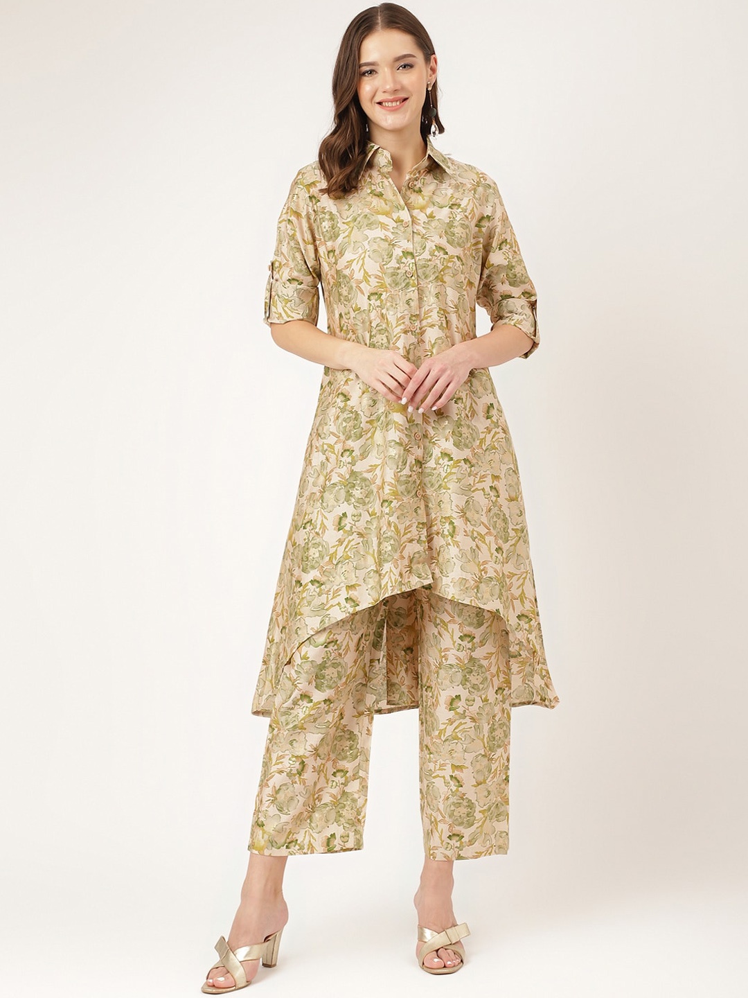 

Divena Floral Printed Shirt Collar Regular Kurta With Trousers, Green