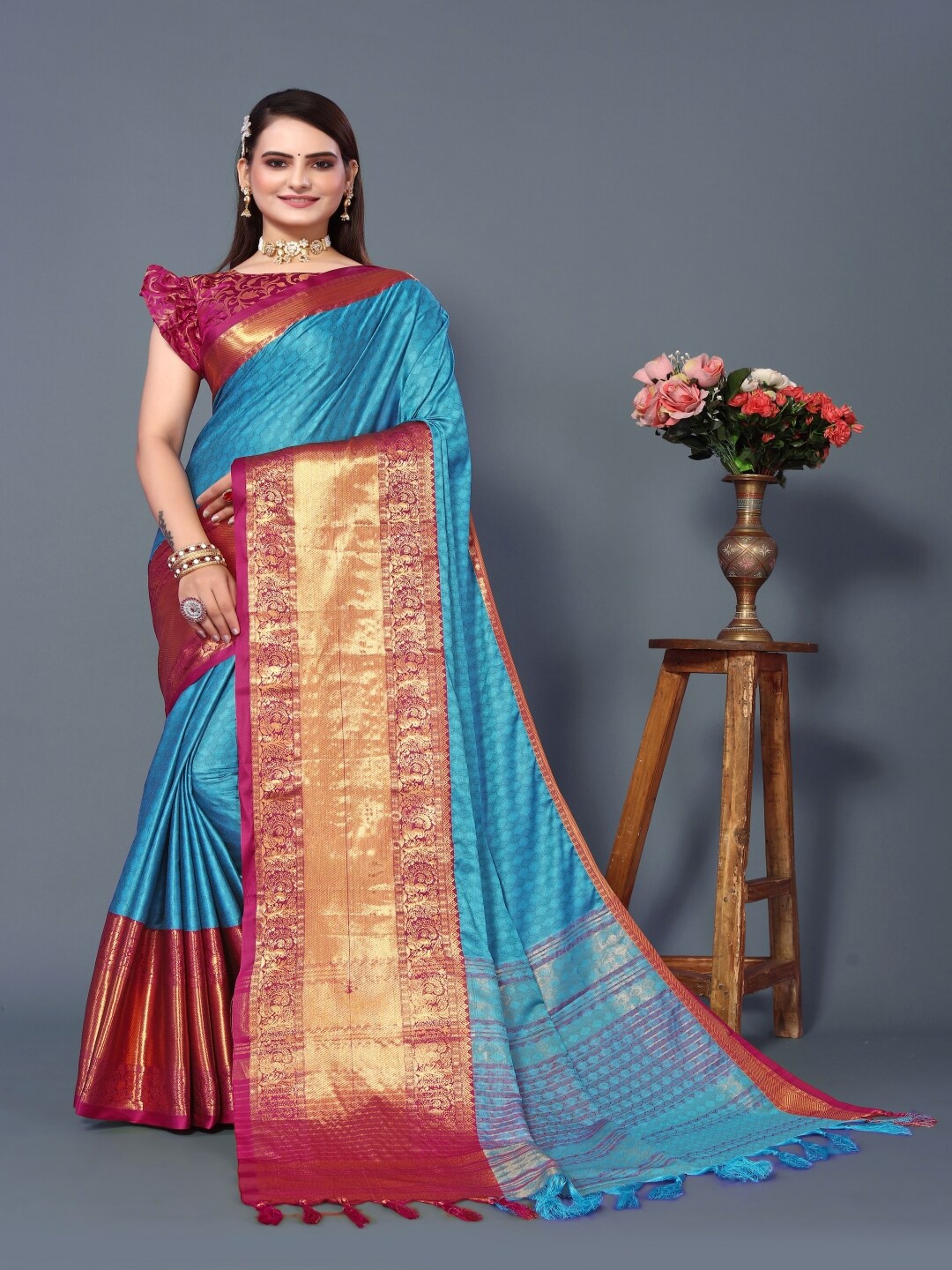 

Paramparik Textile Ethnic Motifs Woven Design Zari Silk Cotton Banarasi Saree, Blue