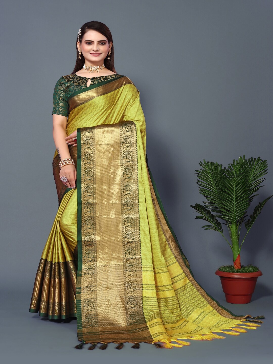

Paramparik Textile Ethnic Motifs Woven Design Zari Silk Cotton Banarasi Saree, Lime green