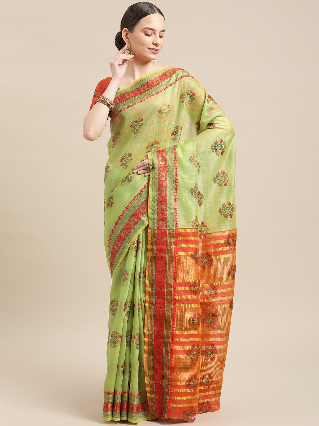 

Mitera Green & Red Woven Design Zari Silk Cotton Saree