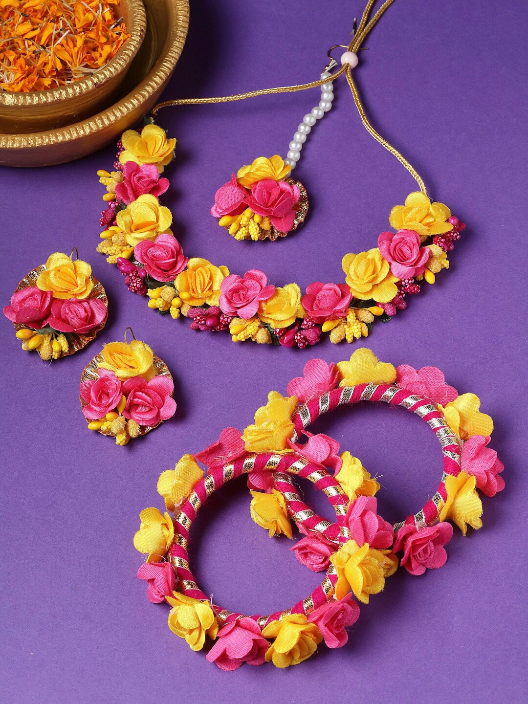 

ZENEME Beaded Gota Patti Haldi & Mehendi Jewelry Set, Pink