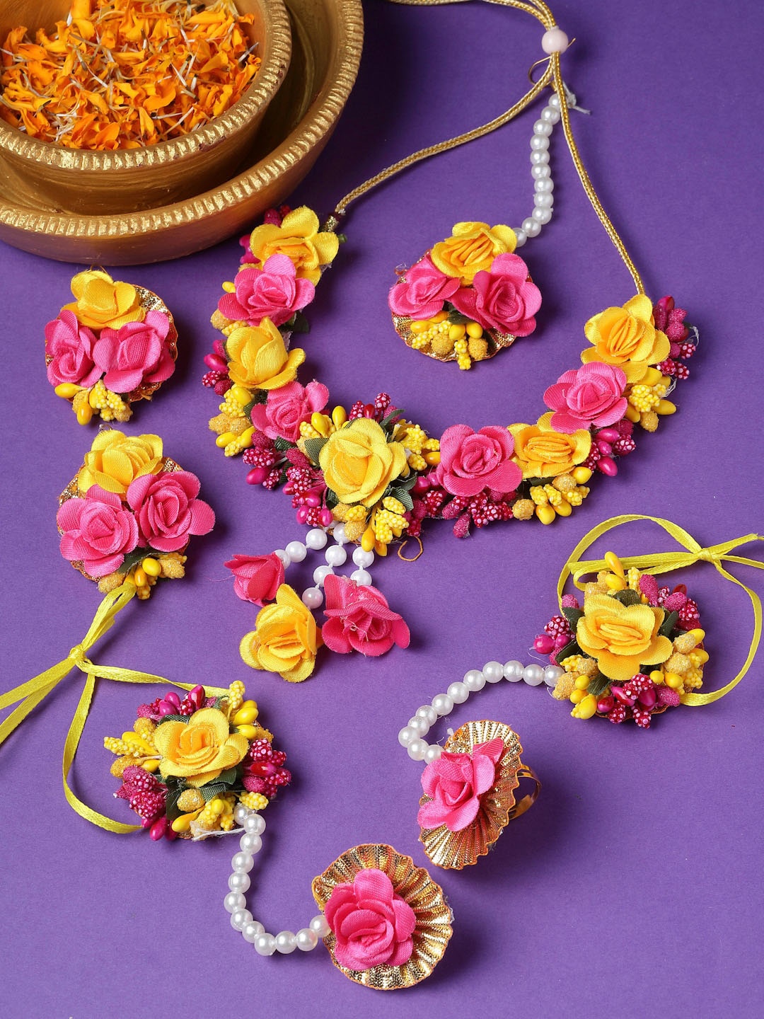 

ZENEME Beaded Gota Patti Haldi & Mehendi Jewelry Set, Pink