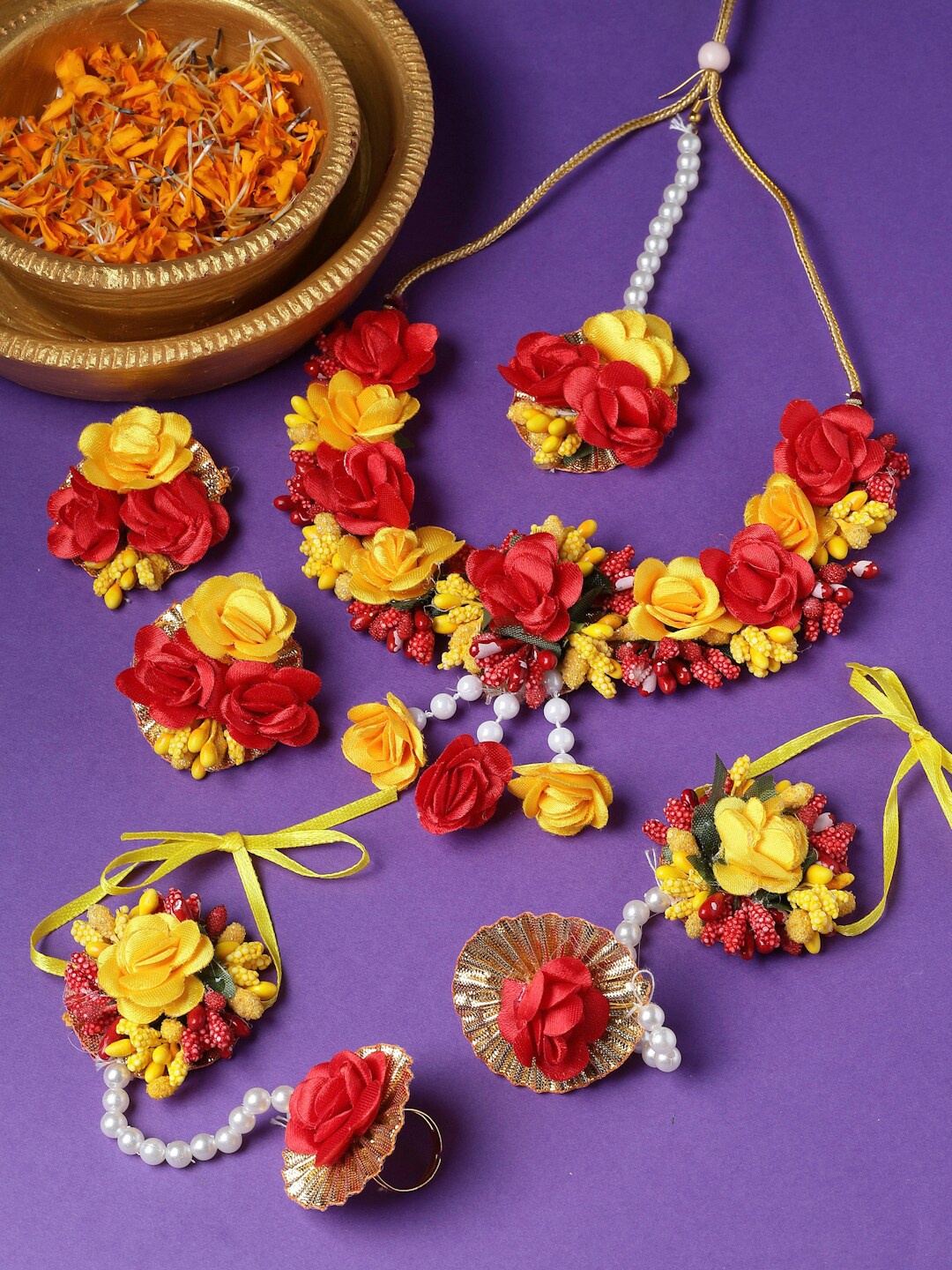 

ZENEME Gold-Plated Floral Mehendi Jewellery Set, Red