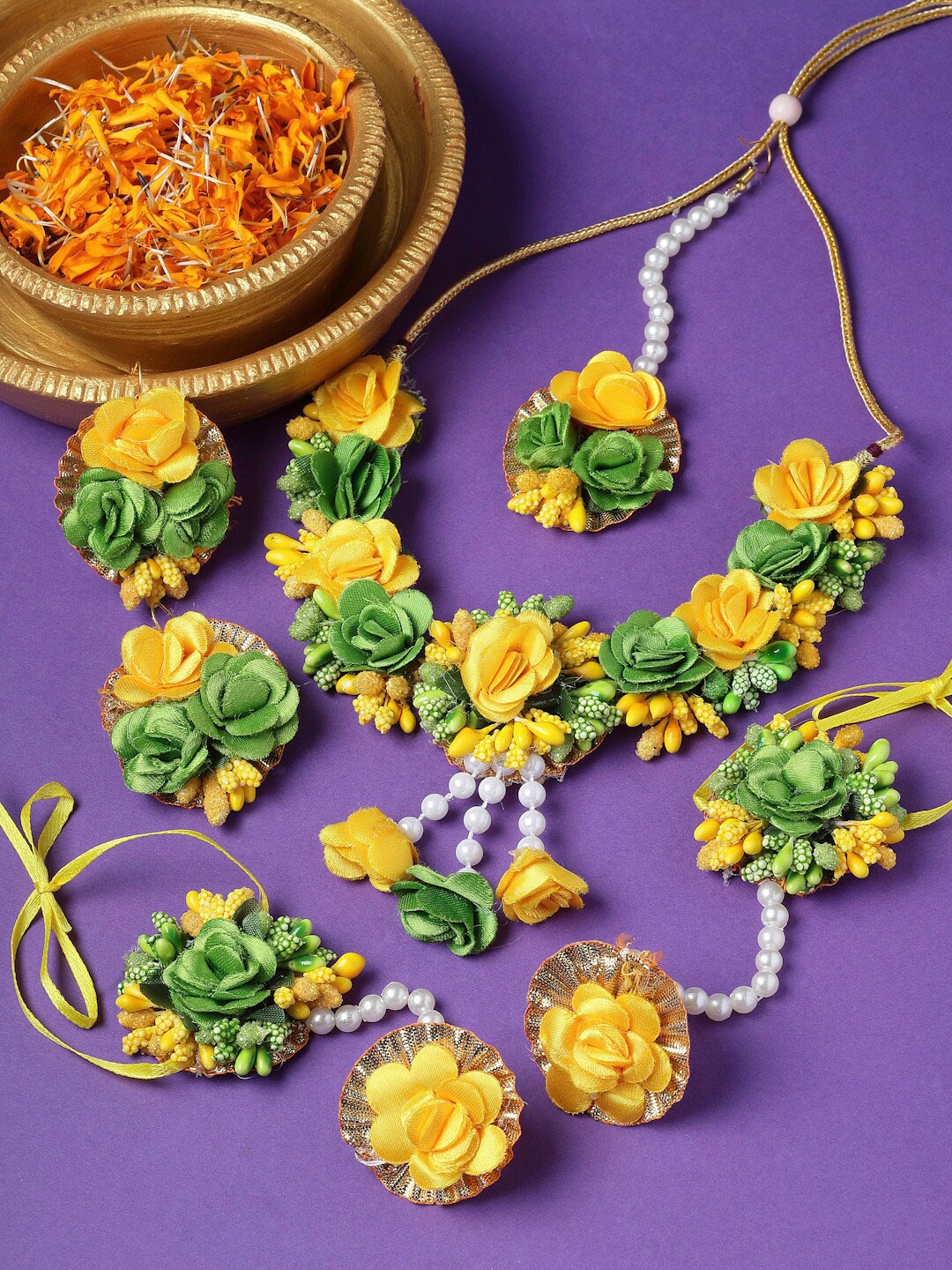 

ZENEME Beaded Gota Patti Haldi & Mehendi Jewelry Set, Lime green