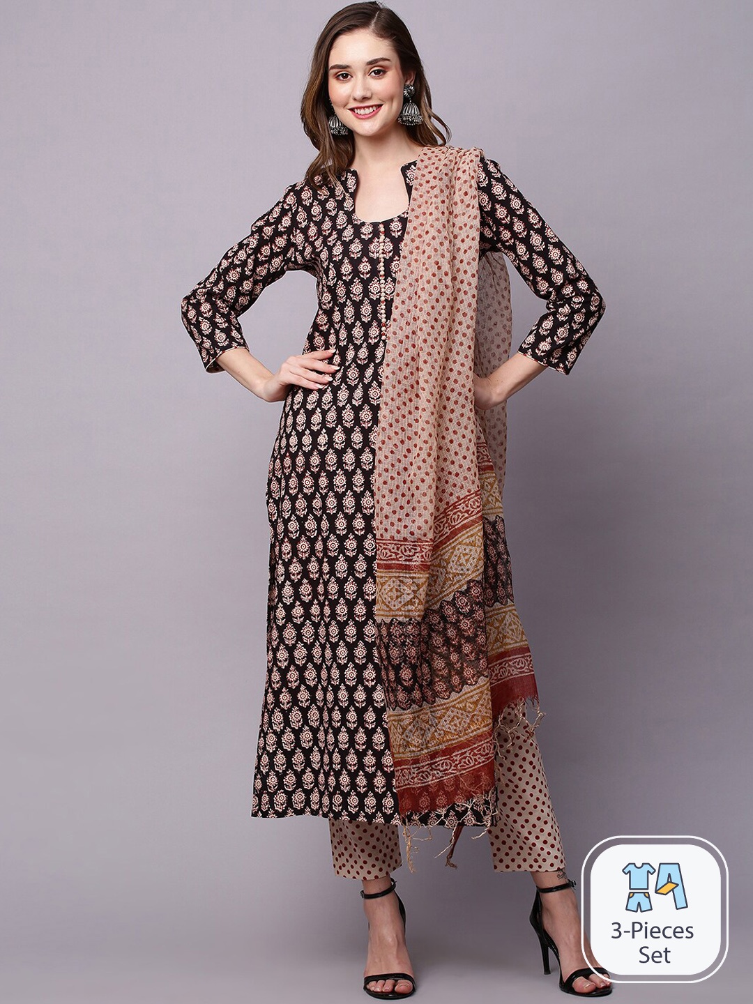 

KALINI Ethnic Motifs Printed Kurta with Trousers & Dupatta, Black
