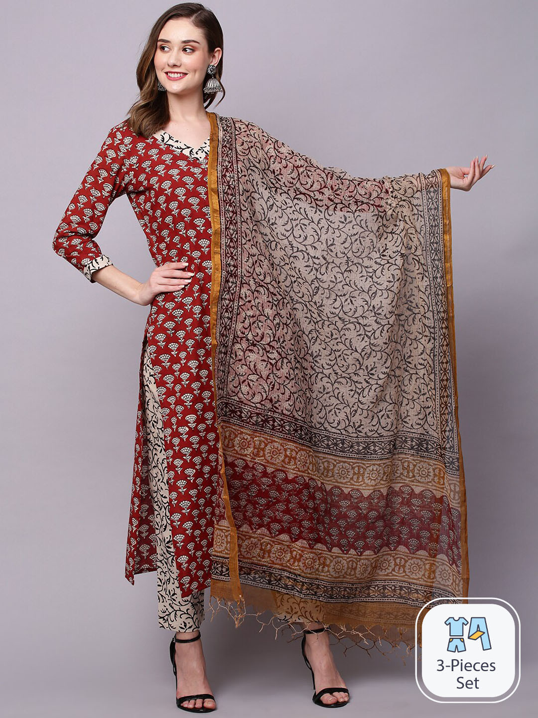 

KALINI Ethnic Motifs Printed Kurta with Trousers & Dupatta, Maroon