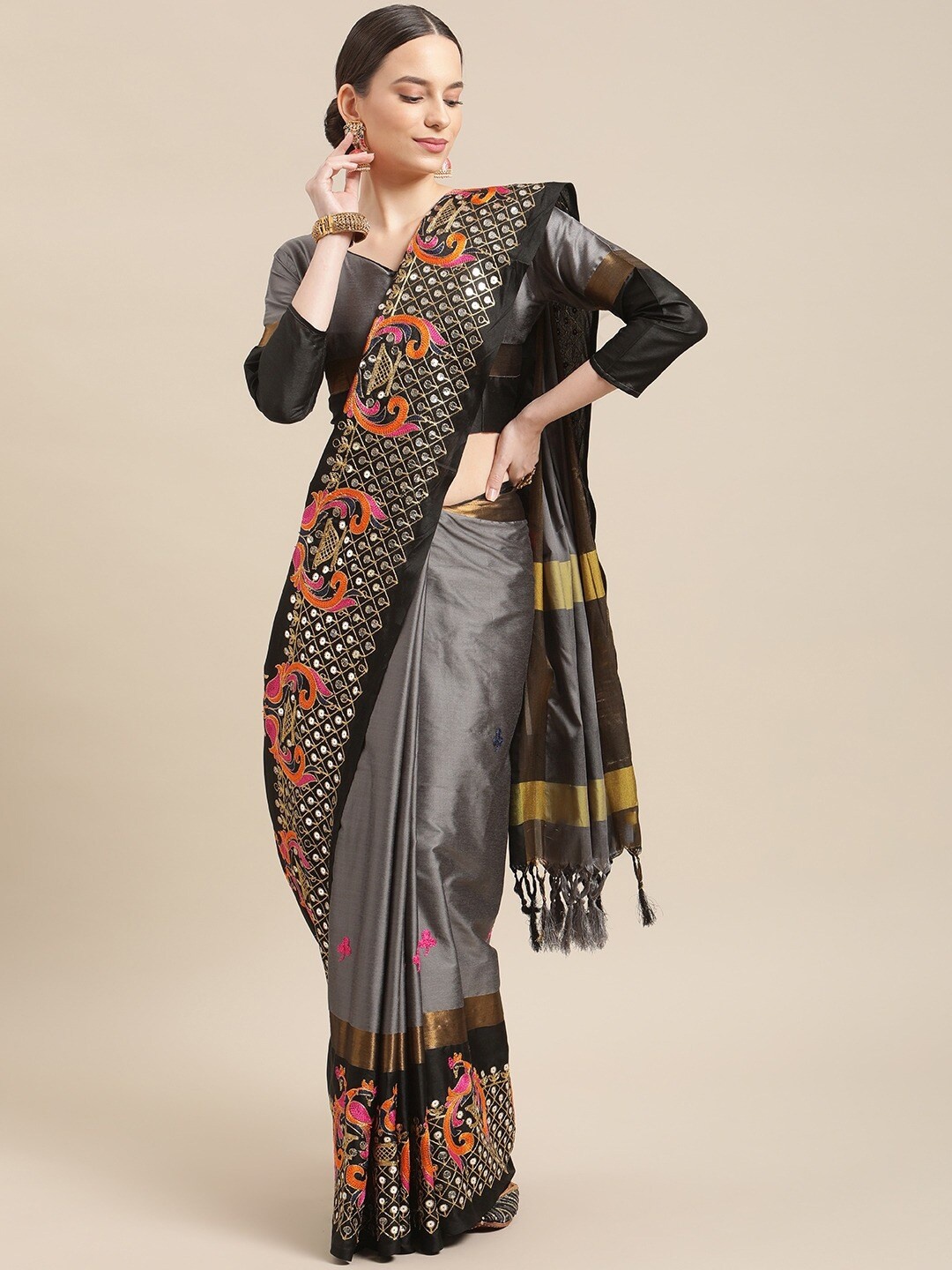 

Mitera Sequin Embroidered Silk Cotton Saree, Grey