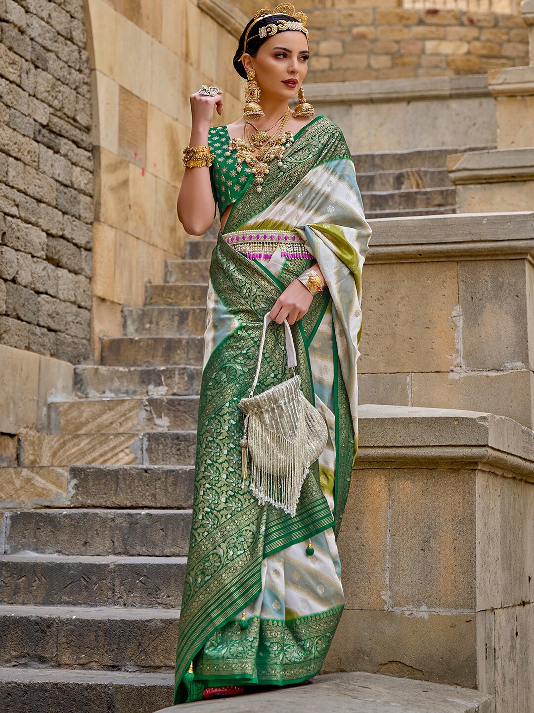 

Anouk Ethnic Motifs Woven Design Zari Banarasi Saree, Green